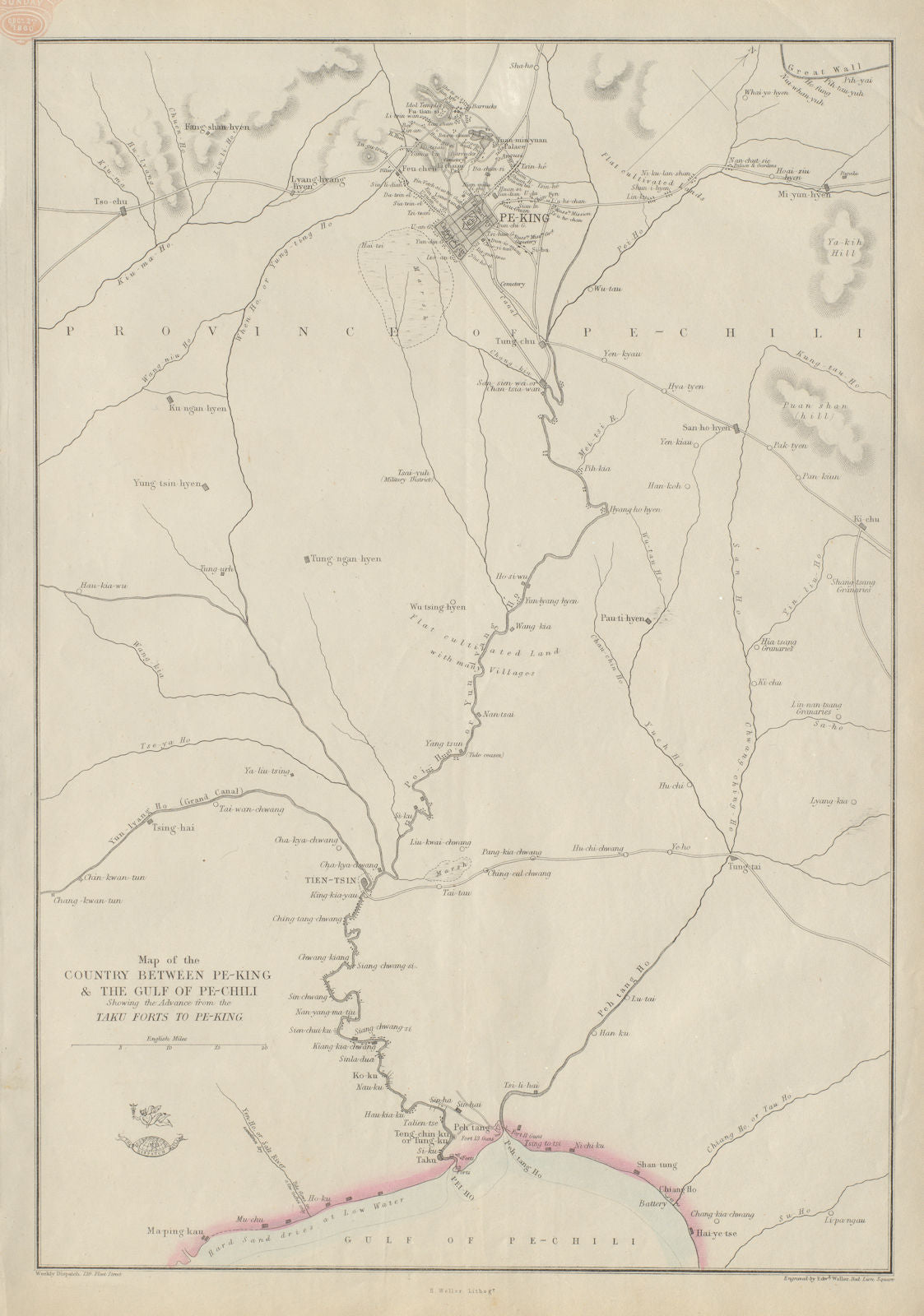 Country between Peking & the Gulf of Pechili. Taku forts. China. WELLER 1863 map